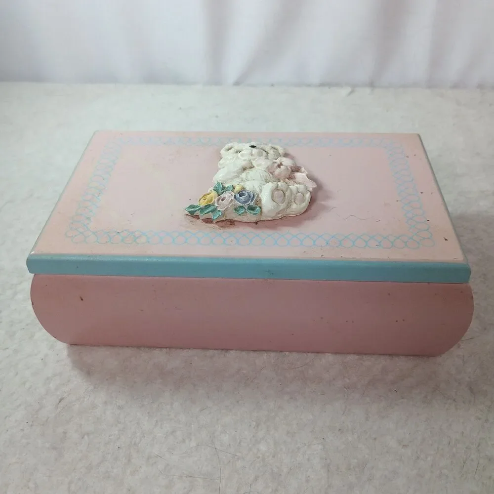 Vintage Pink Wooden Jewelry Box Teddy Bear Flowers Mirror Girls Keepsake Box